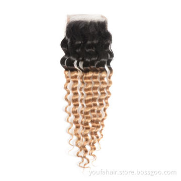Cheap Unprocessed Virgin Human Hair Ombre 4x4 Lace Closure Top Brazilian Human Hair Curly Deep Wave Lace Frontal and Closures